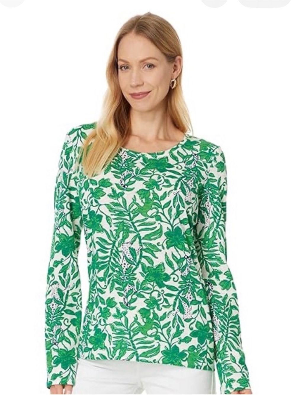 Lilly Pulitzer Escape Etta Scoop Neck Long Sleeve Top Fiddle Leaf Green SZ M